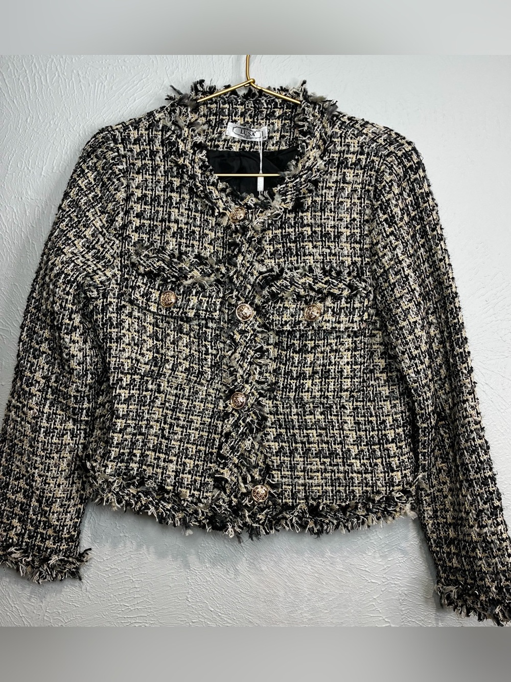 Women’s LUSA Paris Black/Cream/Gold Tweed Frayed cEdge Cropped Blazer - size S/M